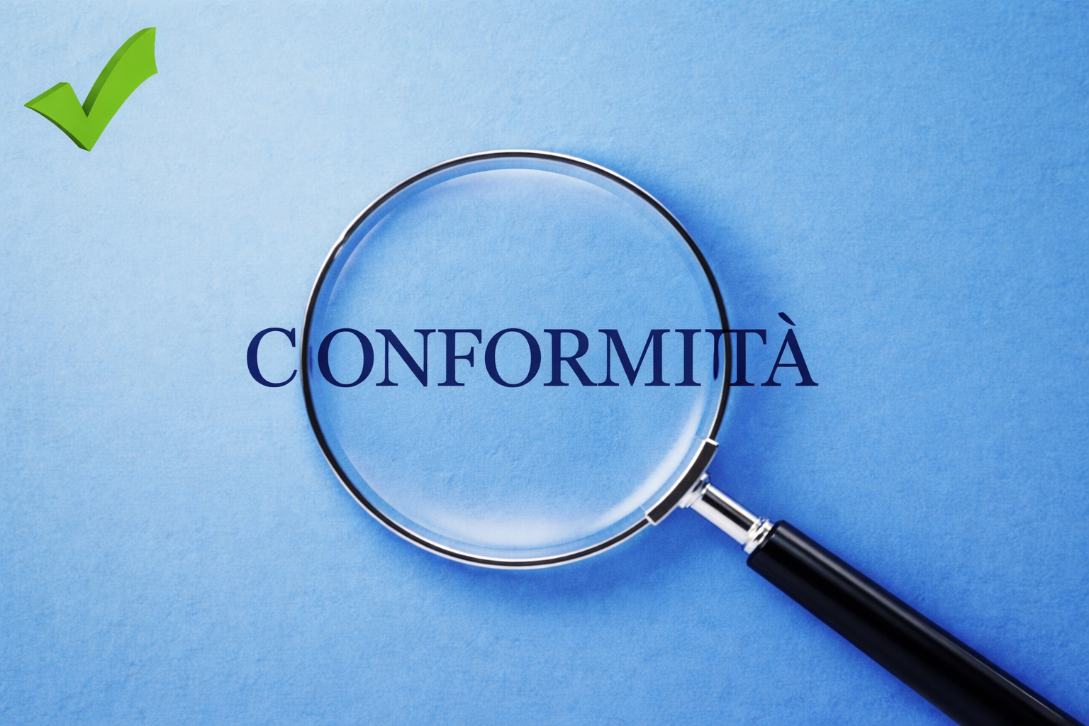 Parola conformità su sfondo blu sotto una lente d'ingrandimento.