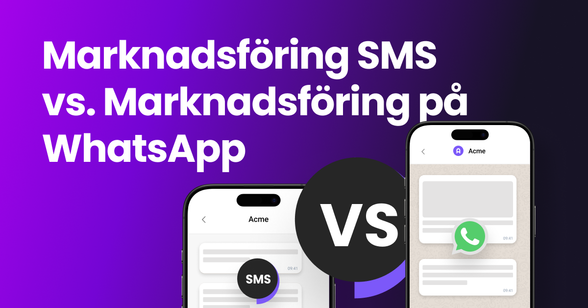 En jämförande visuell bild med en SMS-ikon på vänster sida och WhatsApp-ikonen på höger sida, och titeln "SMS-marknadsföring kontra WhatsApp-marknadsföring" visas högst upp.