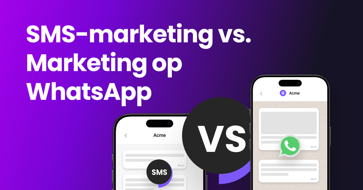 Een visuele vergelijking met een sms-pictogram aan de linkerkant en een WhatsApp-pictogram aan de rechterkant, met bovenaan de titel "Sms-marketing versus WhatsApp-marketing".