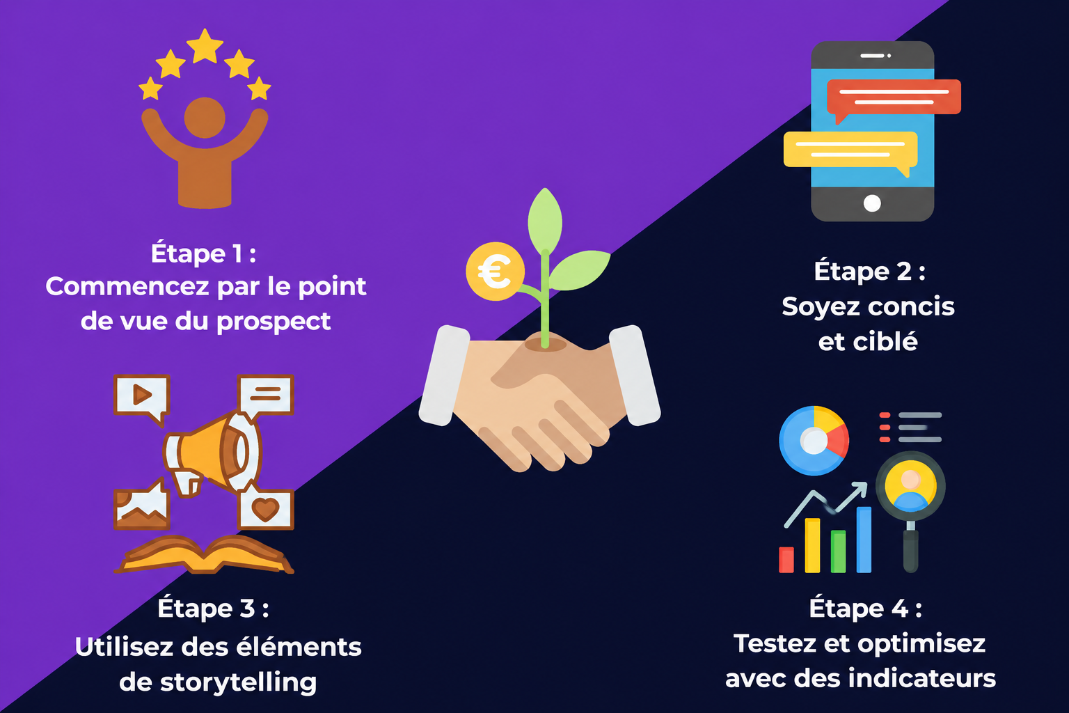 Un visuel montrant comment rédiger des messages de fidélisation des prospects en 4 étapes : commencer par le point de vue du prospect ; être bref et concis ; utiliser des éléments de narration ; et tester et affiner avec des indicateurs.