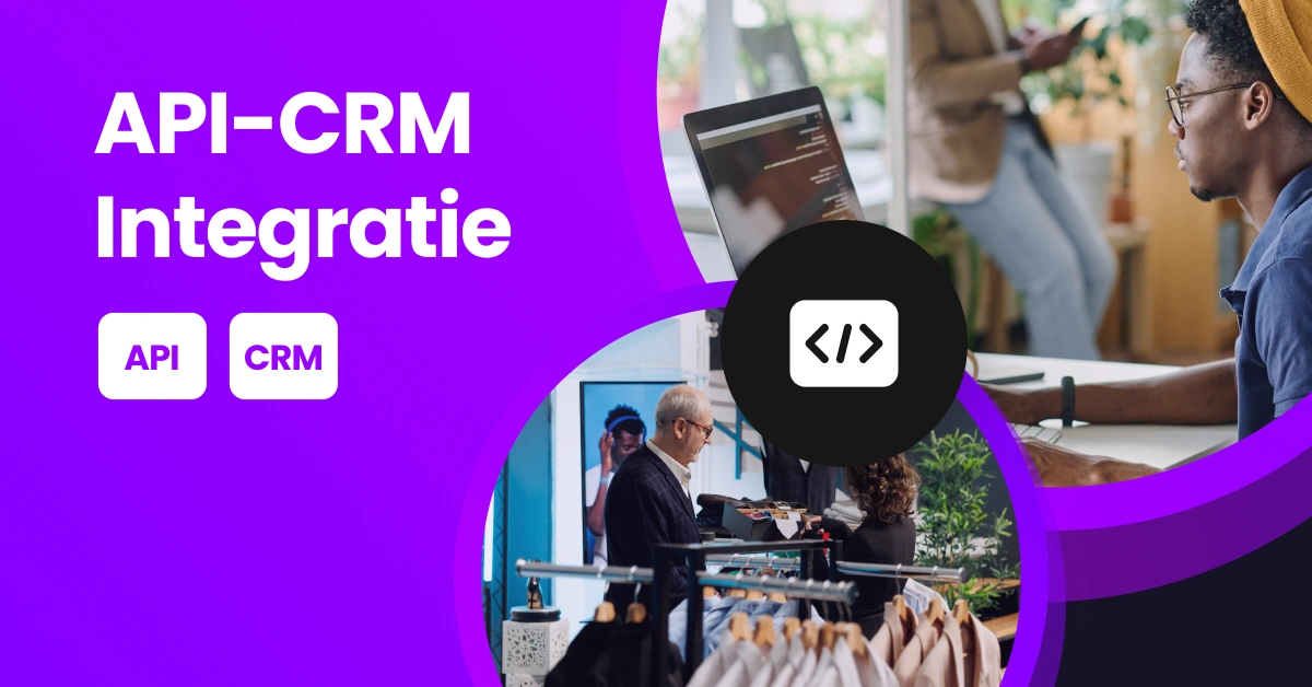 Een afbeelding met CRM- en API-elementen en een persoon die op een toetsenbord typt