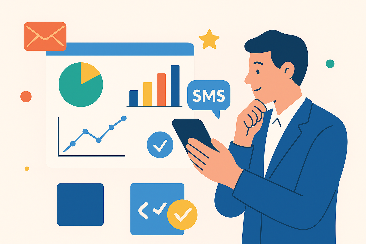 Obraz przedstawiający pracownika korporacji mierzącego sukces swojego przepływu pracy za pomocą wiadomości SMS.