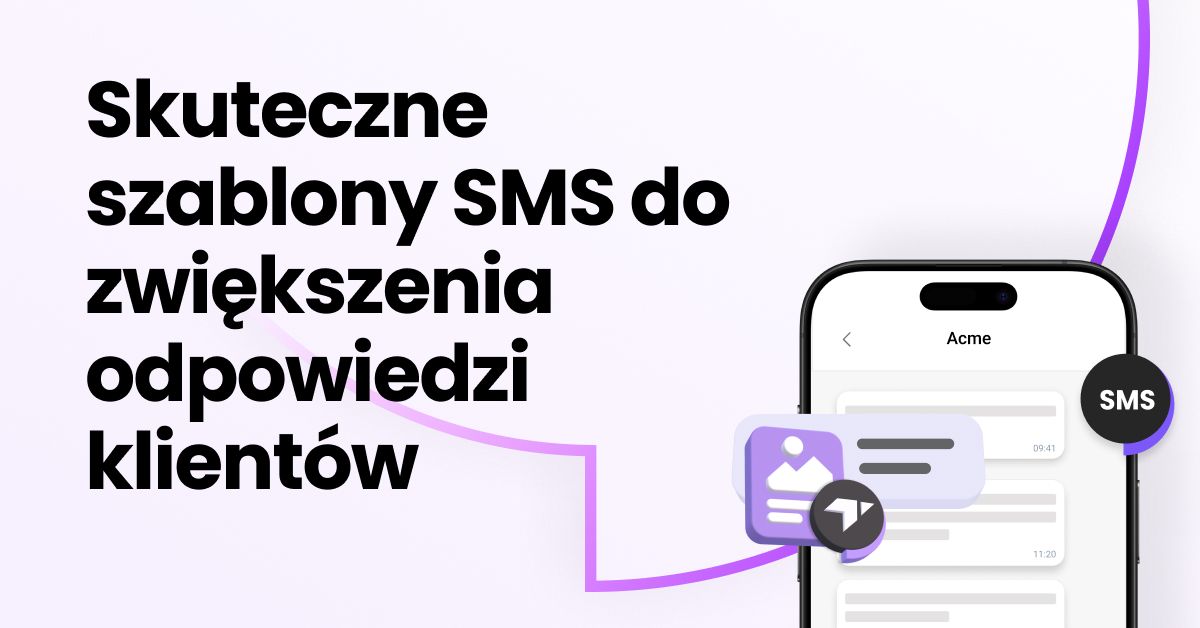 Obraz z pogrubionym tekstem “Skuteczne Szablony SMS Sprzedażowych do Zwiększania Odpowiedzi Klientów,” obok ekranu smartfona pokazującego interfejs czatu z ikonami SMS i fioletowym elementem graficznym.