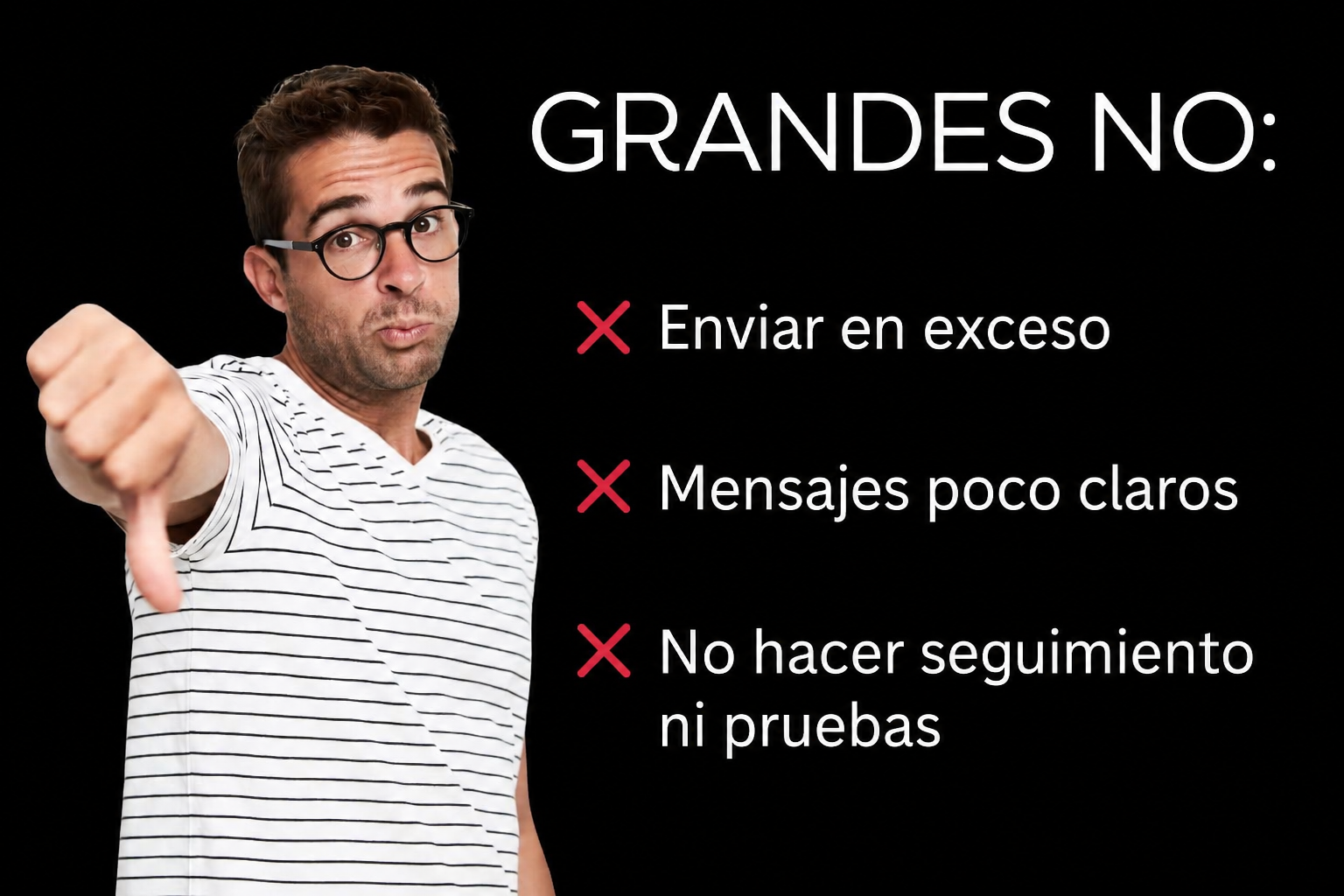 Hombre haciendo un gesto de desaprobación con el pulgar junto a una lista de errores comunes en las promociones por SMS, como el envío excesivo, mensajes vagos y un seguimiento deficiente en las campañas de promoción de ventas y ventas por SMS.