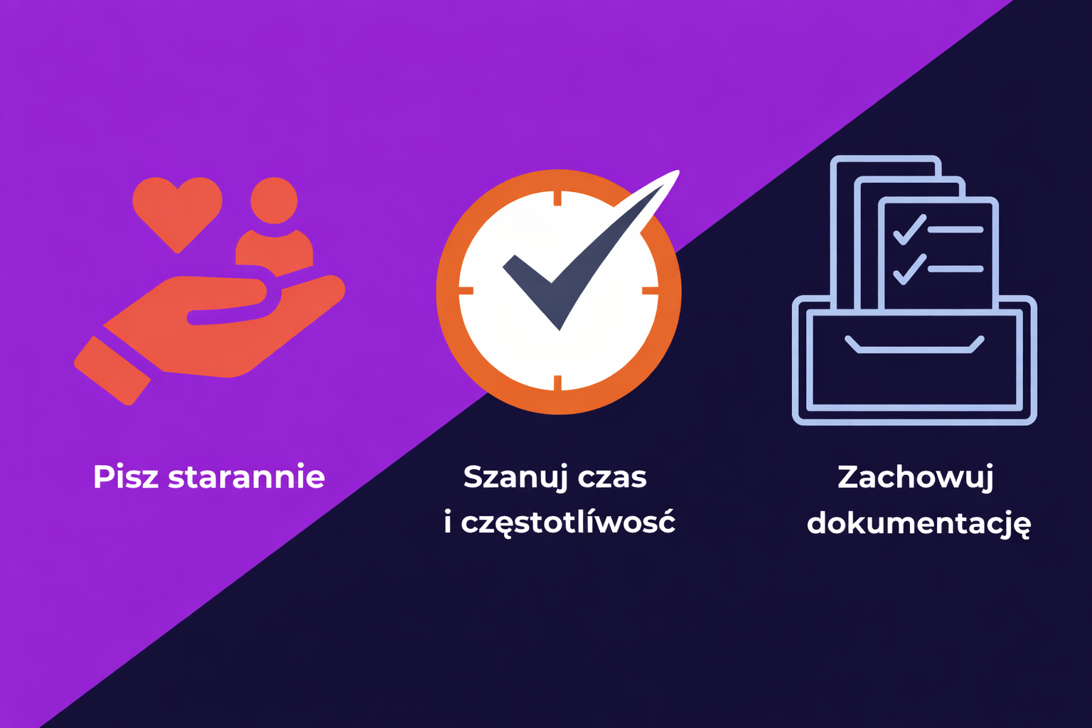 Grafika prezentująca 3 sugestie, jak zapewnić zgodność z przepisami dotyczącymi wiadomości tekstowych: pisanie wiadomości z ostrożnością, przestrzeganie czasu i częstotliwości wysyłania oraz prowadzenie dokumentacji.