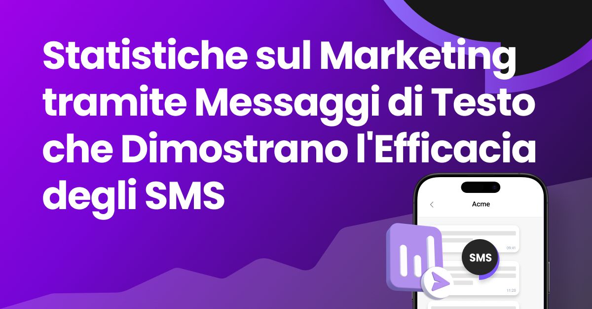 Statistiche di Marketing via SMS che Dimostrano il Funzionamento degli SMS – banner con gradiente viola con smartphone che mostra una conversazione SMS e icone di analisi marketing, che rappresentano gli alti tassi di apertura e il ROI delle campagne di marketing SMS.
