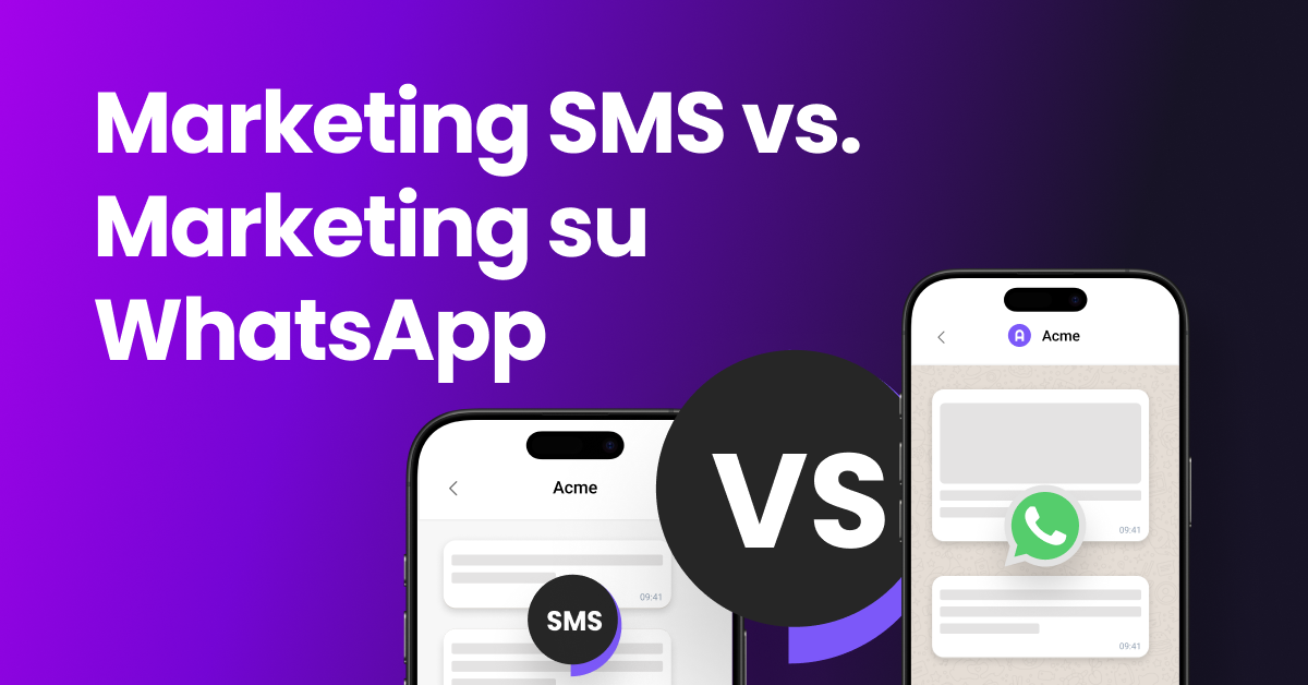 un'immagine comparativa con l'icona degli SMS a sinistra e l'icona di WhatsApp a destra, e il titolo "Marketing via SMS vs Marketing via WhatsApp" visualizzato in alto.