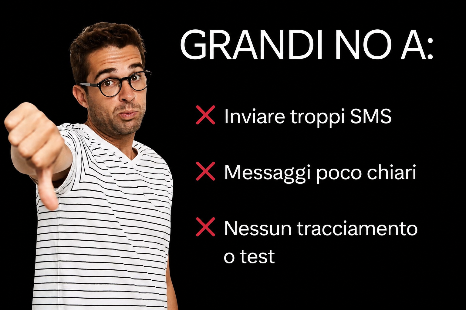 Uomo che fa il segno del pollice verso accanto a un elenco di errori comuni nelle promozioni via SMS, come l'invio eccessivo, i messaggi vaghi e il tracciamento inadeguato nelle campagne di promozione e vendita via SMS.
