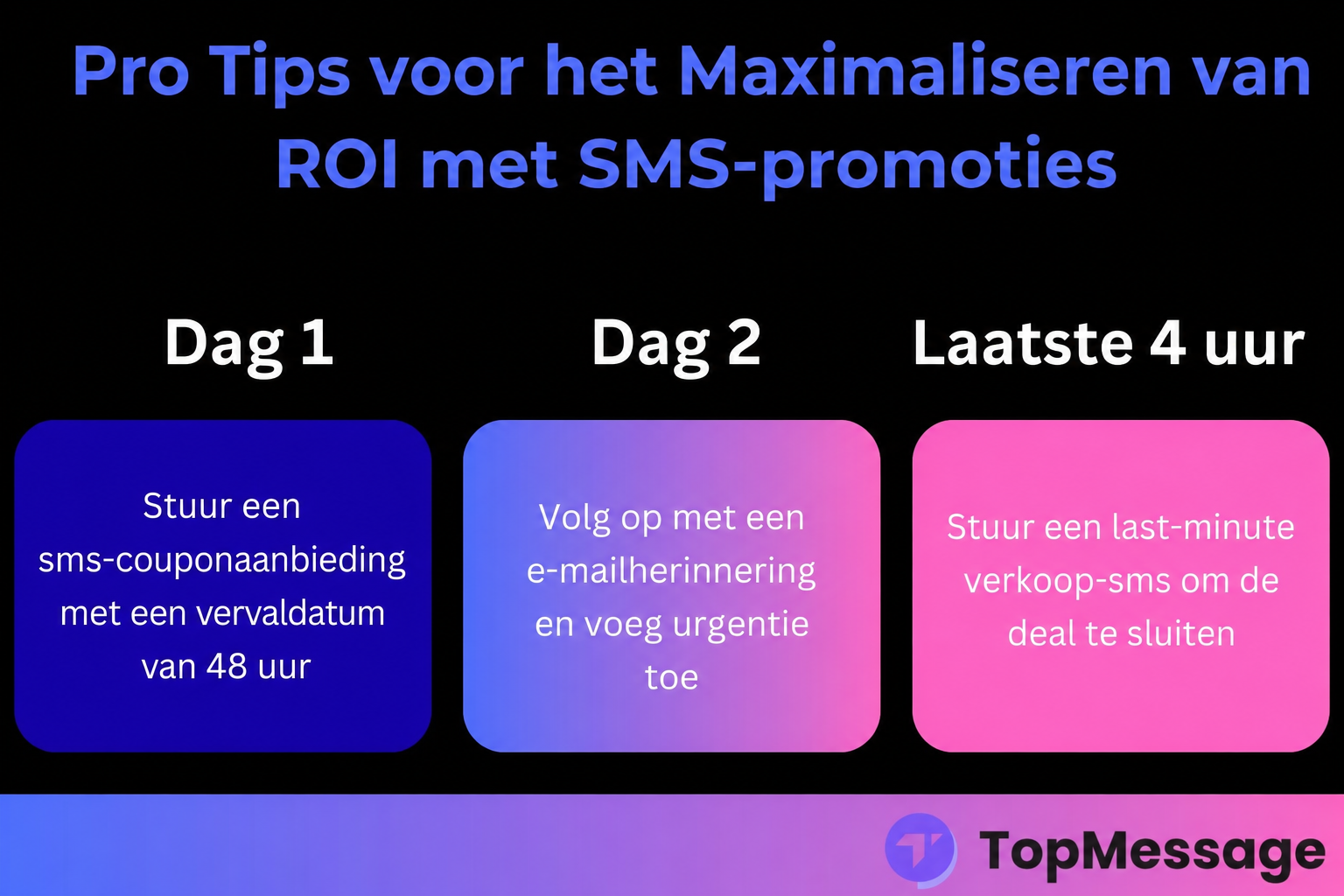 Infographic met een 3-daagse strategie om de ROI te verhogen met SMS-verkooppromotie, inclusief SMS-coupons, e-mailopvolging en SMS-herinneringen voor de laatste verkoopkans.