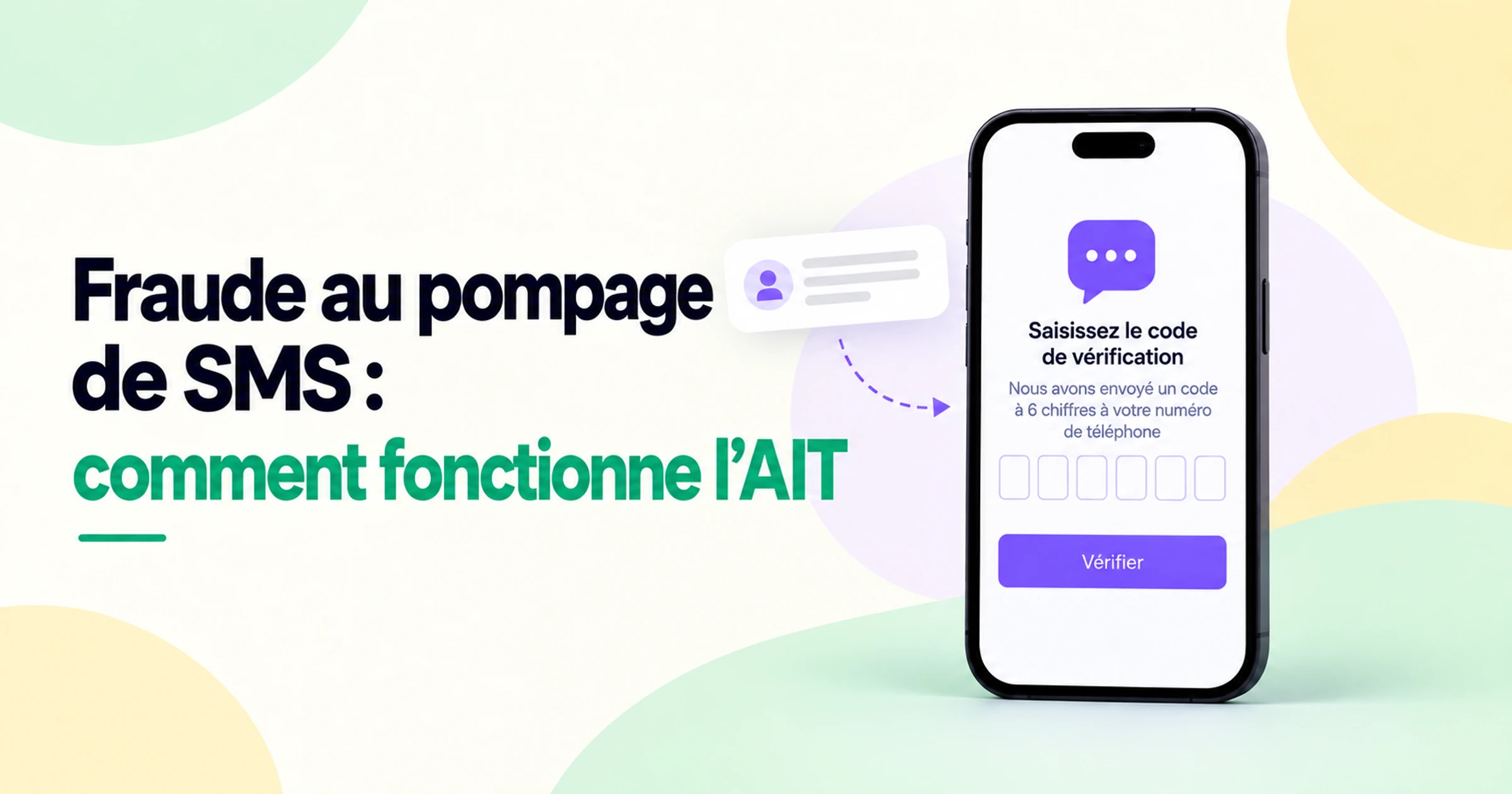Illustration de la fraude par injection de SMS et du trafic artificiellement gonflé (AIT), montrant un écran de vérification OTP sur smartphone et un flux de messages automatisé.