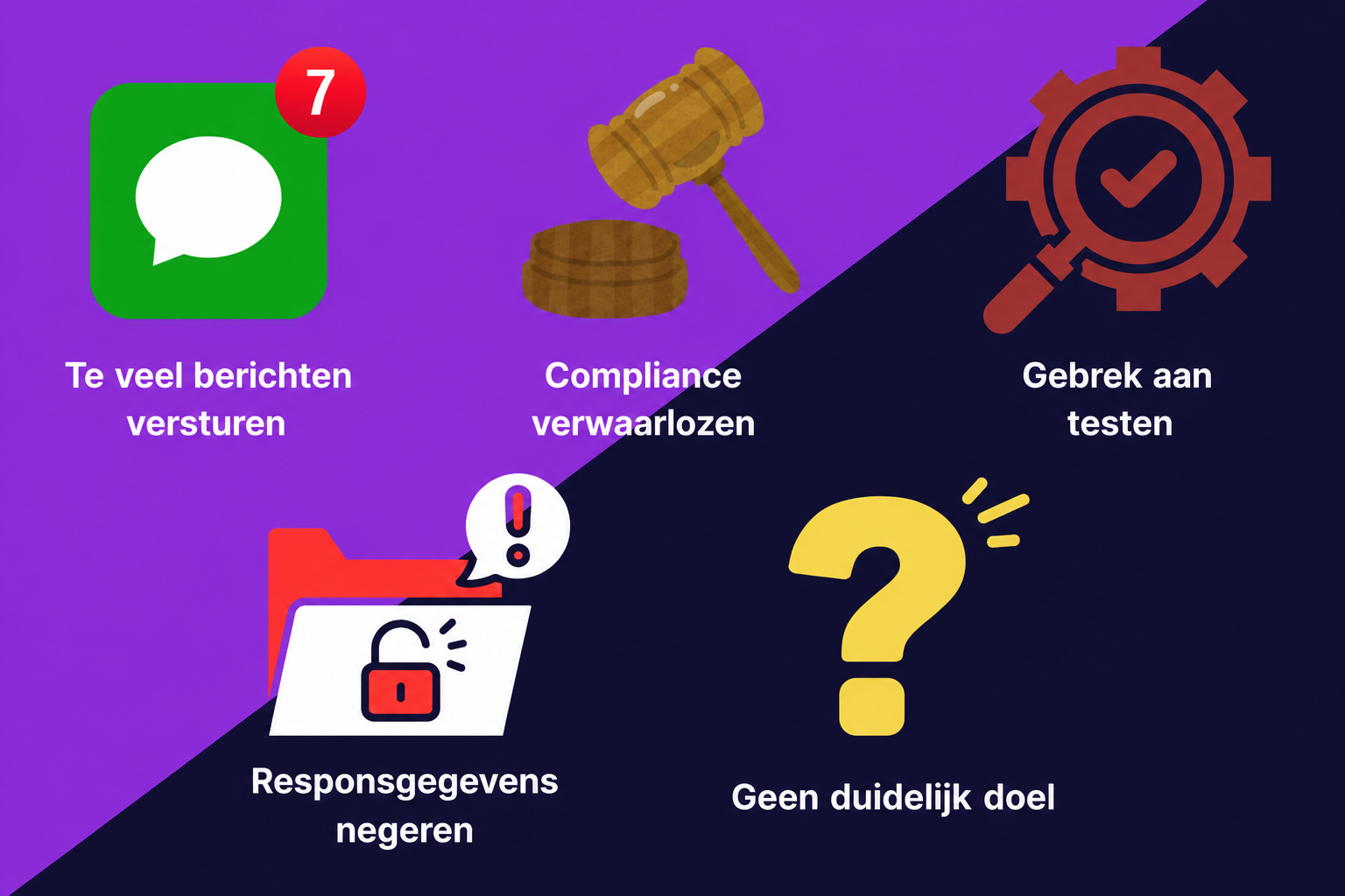 Een visuele weergave van zaken die je moet vermijden bij een drip-sms-campagne: Overmatig berichten versturen, het negeren van compliance, gebrek aan testen, het negeren van responsgegevens en het niet hebben van duidelijke doelstellingen.