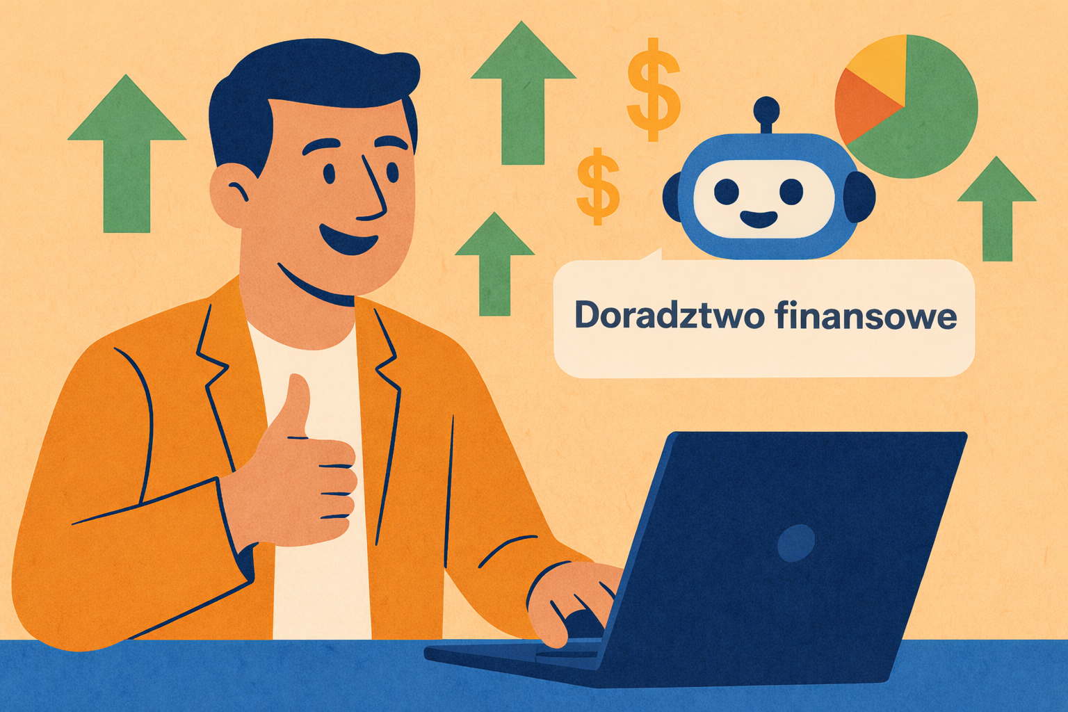 mężczyzna siedzący przy laptopie i otrzymujący porady finansowe od chatbota