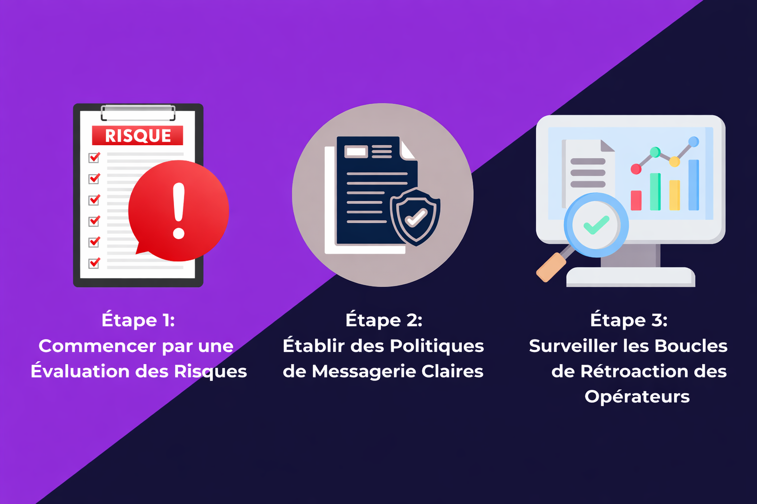Un visuel illustrant 3 étapes clés pour garantir la conformité des SMS : commencer par l’évaluation des risques, établir des politiques de messagerie claires et surveiller les boucles de rétroaction des opérateurs.