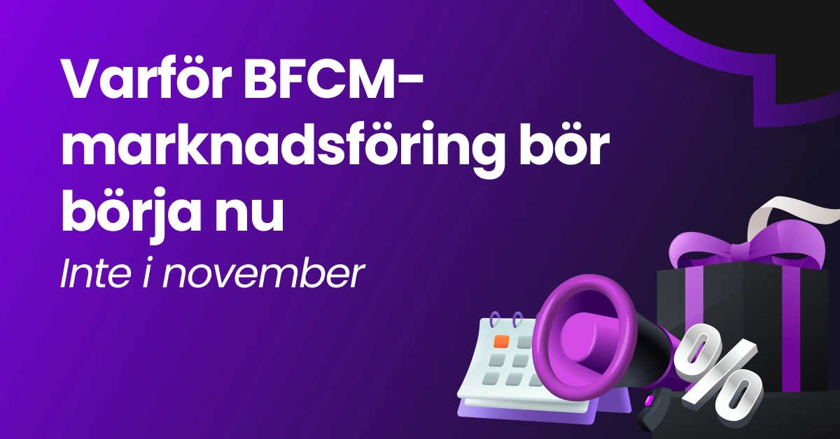 Grafik som förklarar varför BFCM-marknadsföring bör starta tidigt, med ikoner för rabatt, kalender och present.