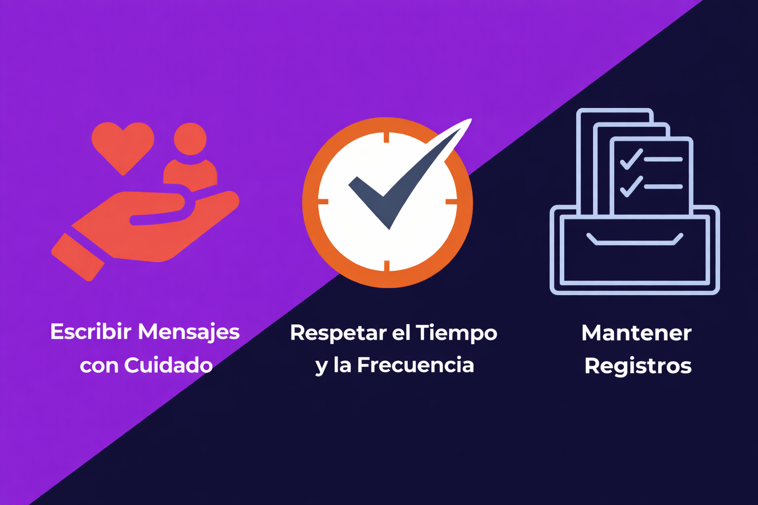 Un elemento visual que muestra tres sugerencias para garantizar el cumplimiento de los mensajes de texto: escribir los mensajes con cuidado, respetar el tiempo y la frecuencia y mantener registros.