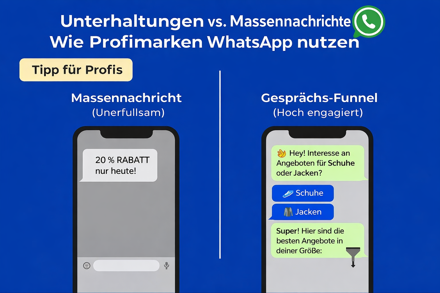 Vergleichsgrafik, die einen ineffektiven WhatsApp-Massen-Blast einem stark engagierten Konversations-Funnel gegenüberstellt und zeigt, wie erfolgreiche WhatsApp-Kampagnen Chat-Flows nutzen.