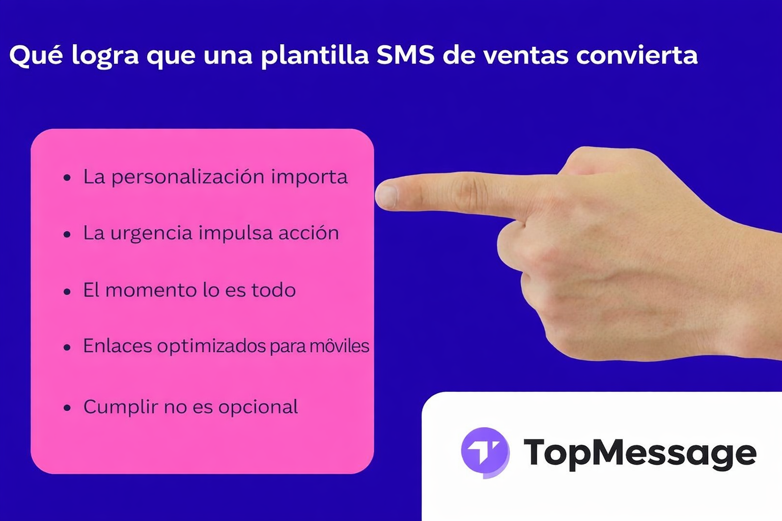 Elementos clave de una plantilla de SMS de ventas que convierte, mostrados como puntos junto a una mano señaladora y el logo de TopMessage