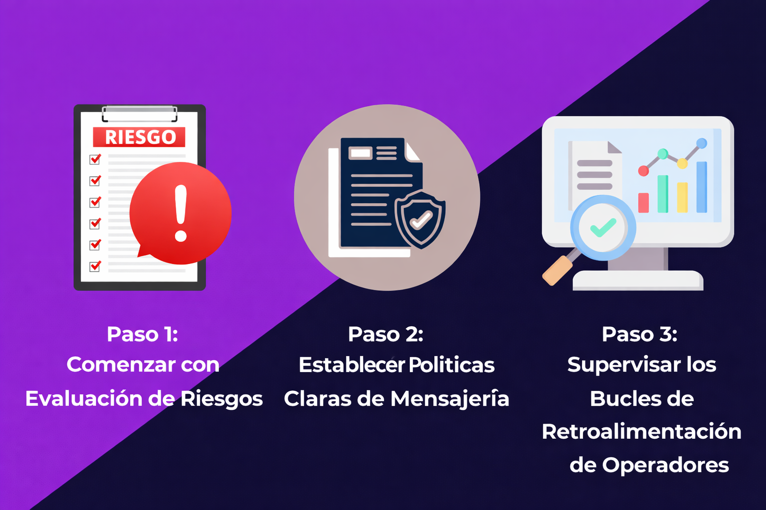 Un elemento visual que muestra tres pasos clave para garantizar el cumplimiento de la mensajería de texto: comenzar con la evaluación de riesgos, establecer políticas de mensajería claras y monitorear los ciclos de retroalimentación de los operadores.