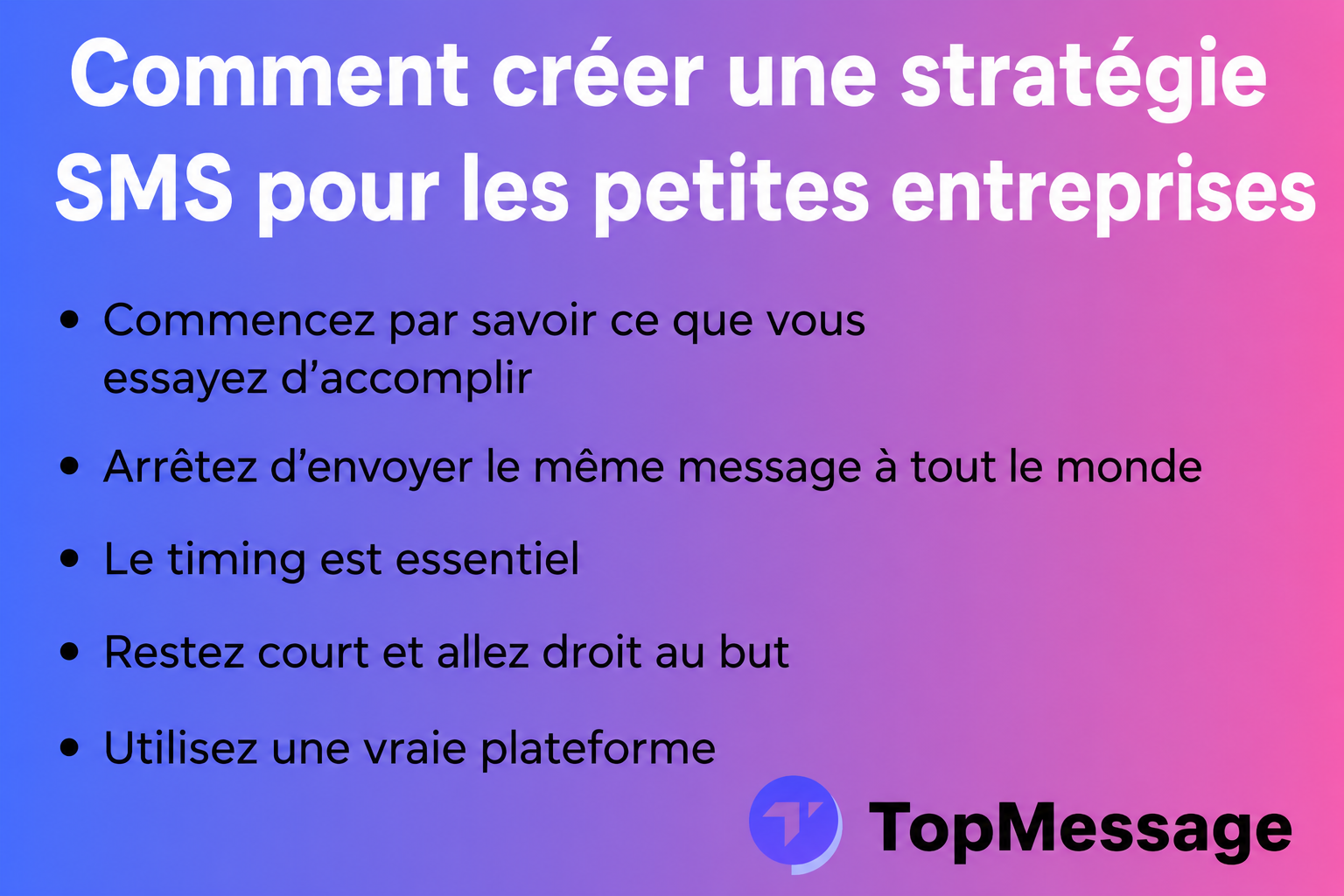 Infographie présentant des conseils de marketing SMS pour les petites entreprises, notamment le moment opportun pour envoyer des messages, la personnalisation et l’utilisation des plateformes, par TopMessage.