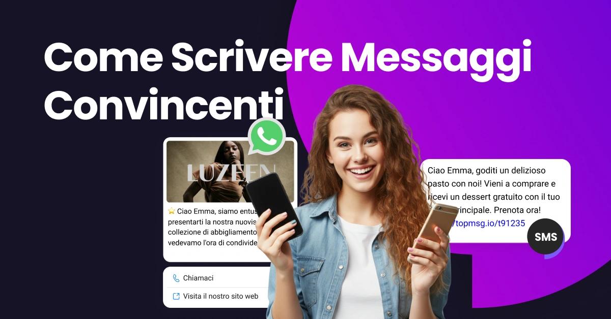 Una ragazza che tiene in mano 2 telefoni cellulari, sorride perché ha ricevuto 2 brillanti messaggi di marketing contemporaneamente