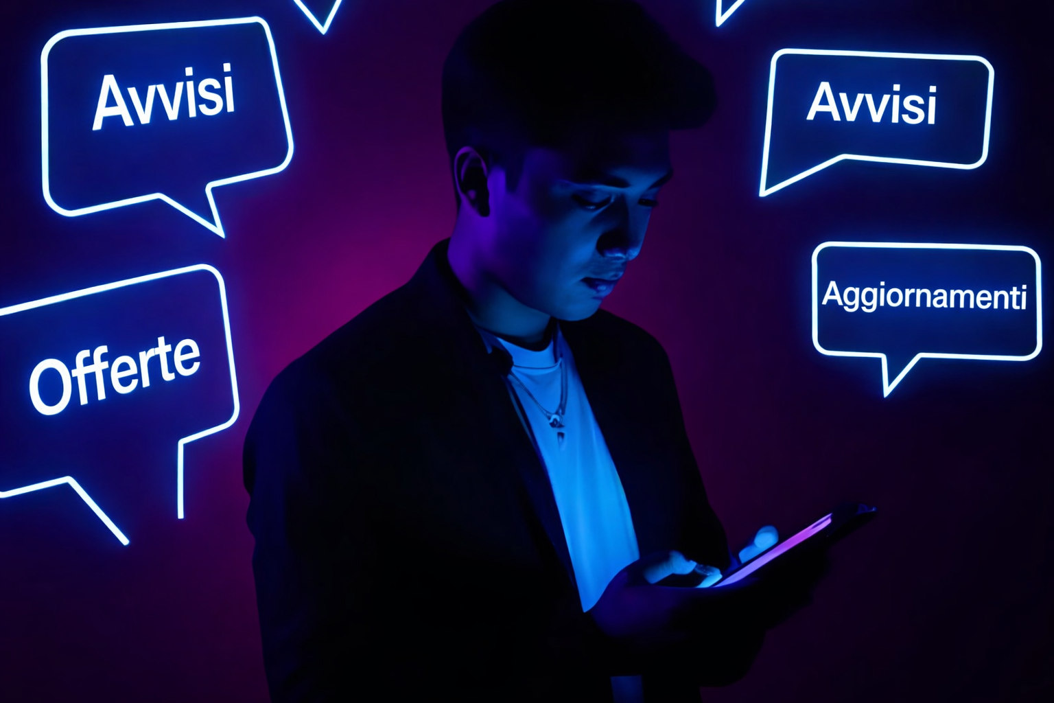 un uomo guarda il suo cellulare e legge diversi messaggi SMS con aggiornamenti, avvisi e offerte