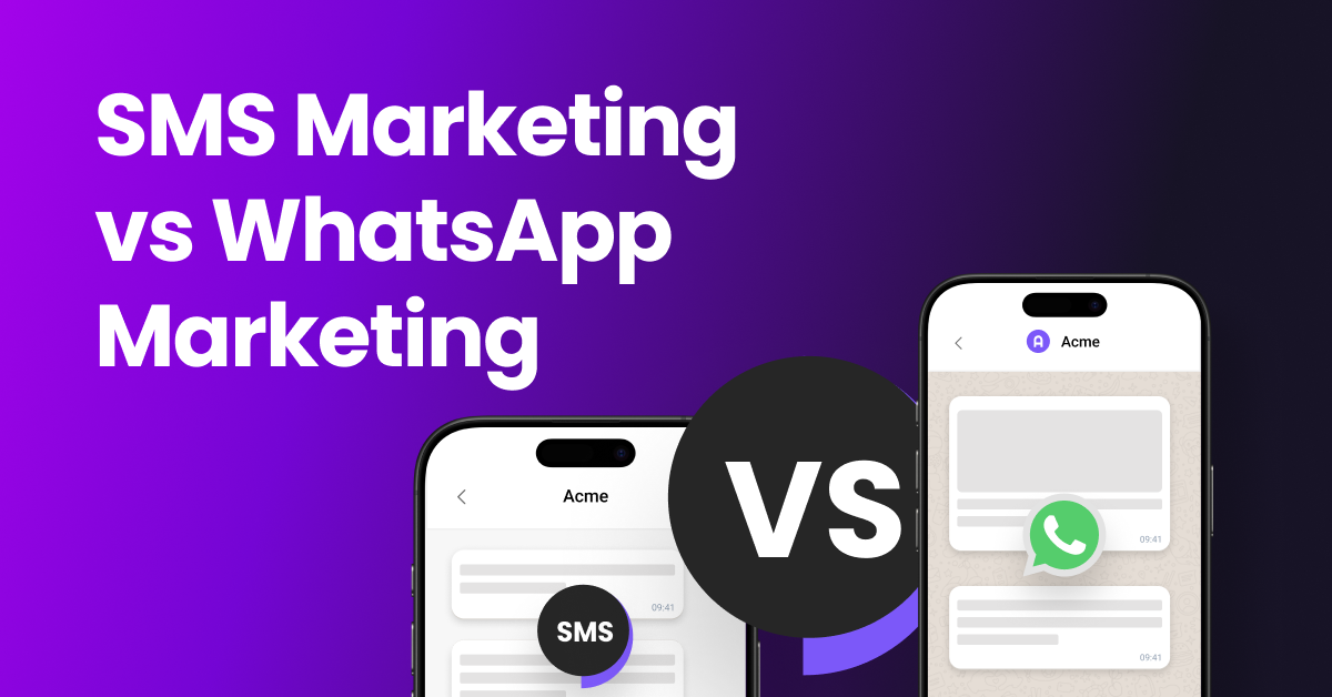 A comparison visual with an SMS icon on the left side and the WhatsApp icon on the right side, and the title "SMS Marketing vs WhatsApp Marketing" displayed at the top.