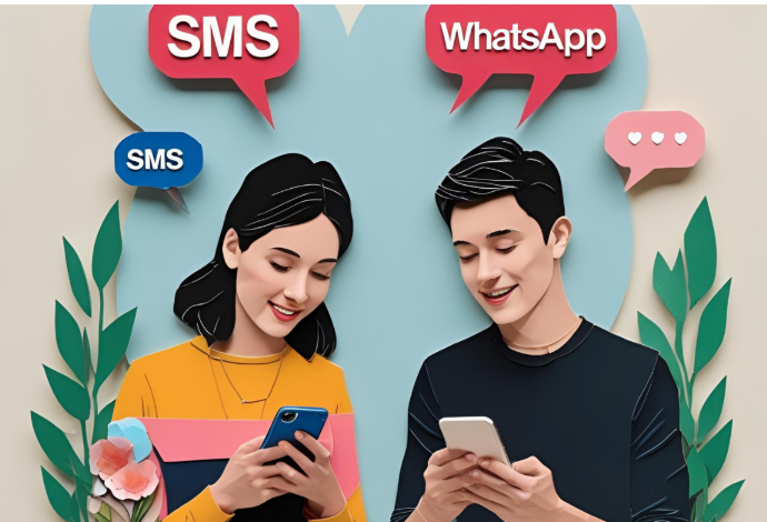 A woman and a man looking at the text messages on their mobile phones