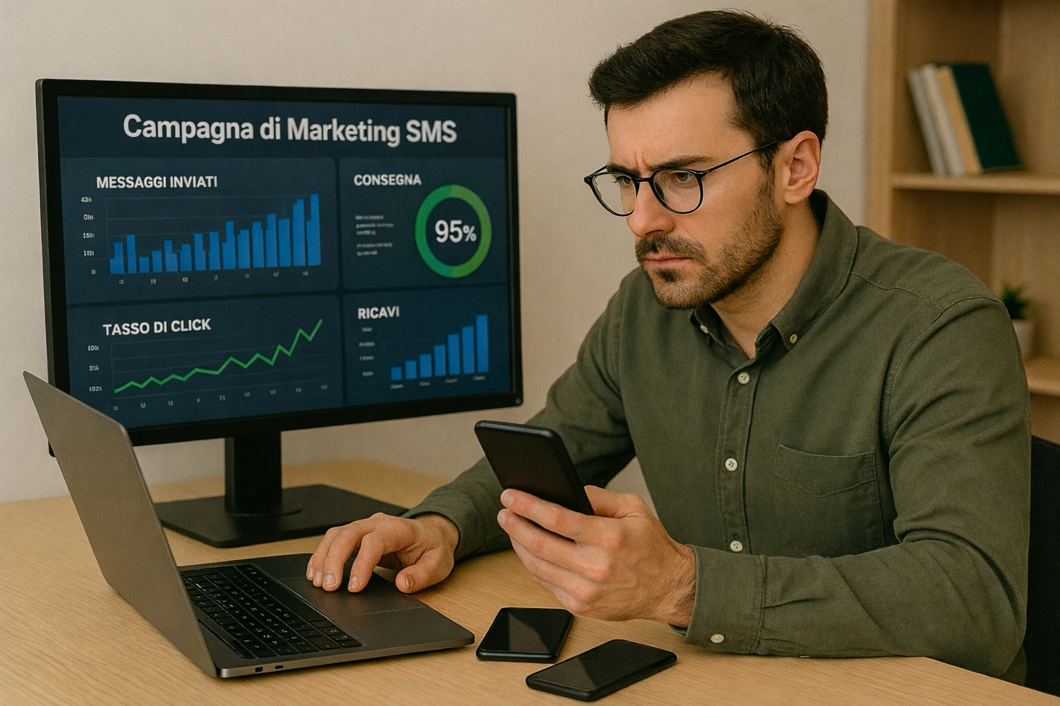 immagine di un uomo circondato da un PC, un laptop e diversi smartphone mentre analizza i risultati della campagna di marketing via SMS per le festività