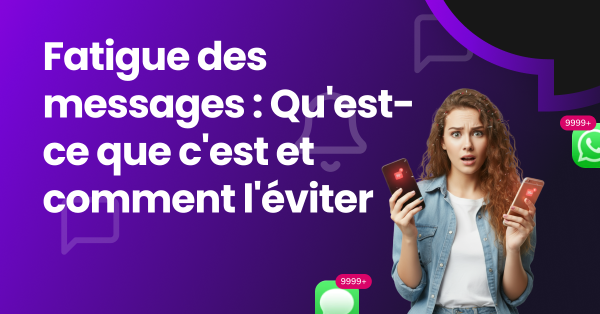Femme stressée, submergée par les notifications de messages sur son téléphone, présentant des signes de surcharge numérique et de lassitude face aux messages.