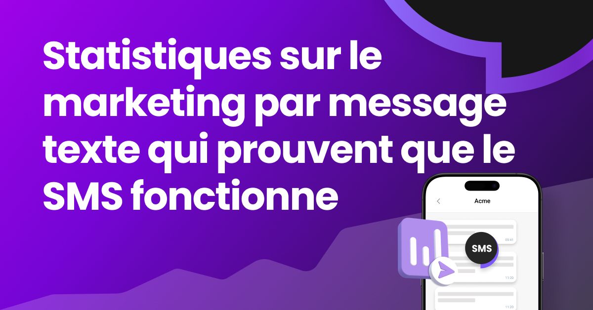 Statistiques marketing par SMS qui prouvent l'efficacité des SMS – bannière à dégradé violet avec un smartphone affichant des icônes de conversation SMS et d'analyse marketing, représentant des taux d'ouverture et un retour sur investissement élevés des campagnes marketing par SMS.