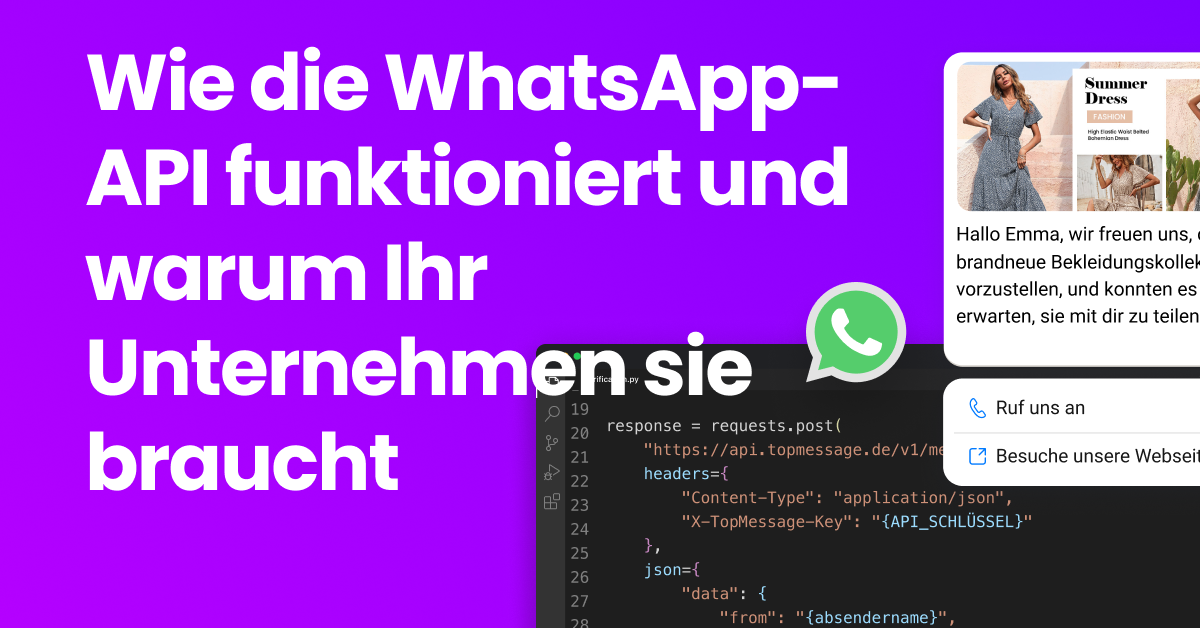 Visuelle Darstellung der WhatsApp-API-Integration für Unternehmen, die ein API-Element und ein Telefon mit geöffnetem WhatsApp zeigt