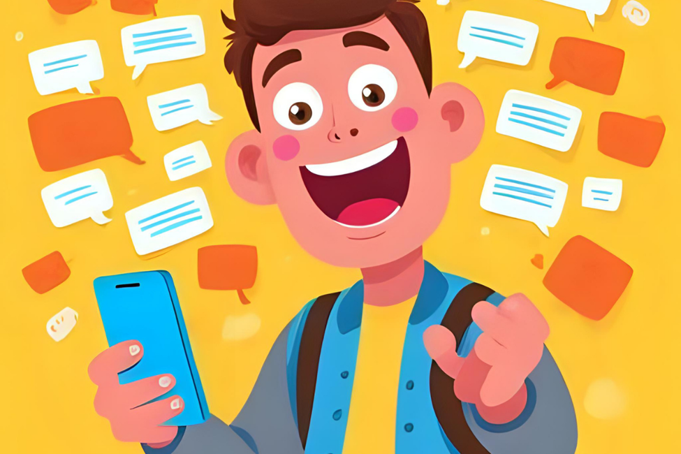 Ein Comic-Mann mit einem Mobiltelefon in der Hand, aufgeregt und glücklich, weil er eine Reihe von Empfehlungs-SMS mit tollen Angeboten und Rabatten erhalten hat.