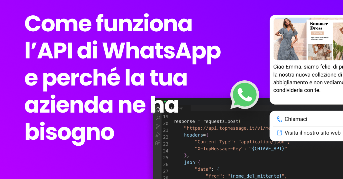  Rappresentazione visiva dell'integrazione dell'API di WhatsApp per le aziende che mostra un elemento API e un telefono con WhatsApp aperto