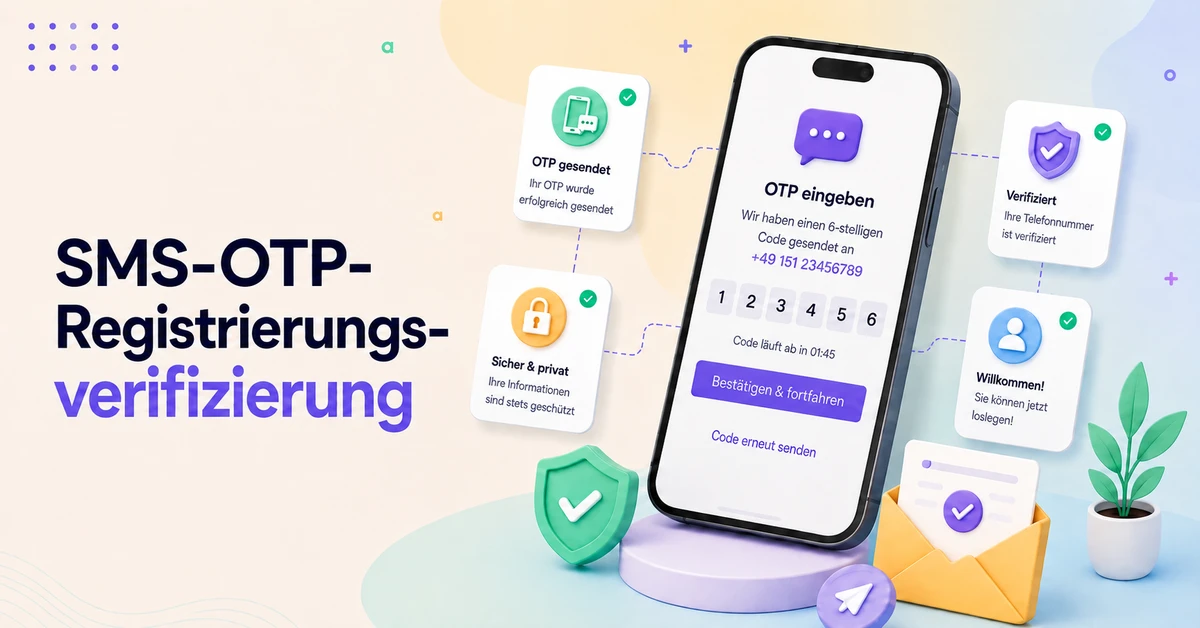 Benutzeroberfläche zur SMS-OTP-Registrierungsverifizierung, die die Eingabe eines Einmalpassworts per Mobiltelefon anzeigt, mit Symbolen für sichere Authentifizierung, verifizierte Telefonnummer und Erfolgsbestätigung.