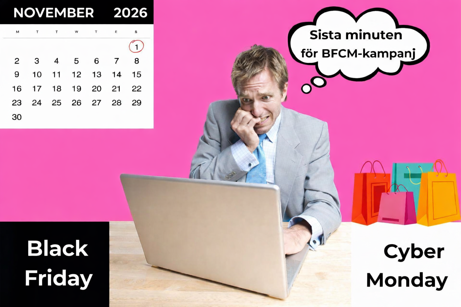 Orolig man vid laptop den 1 november funderar på sista minuten-marknadsföringskampanjen för BFCM, med Black Friday- och Cyber Monday-kassar.