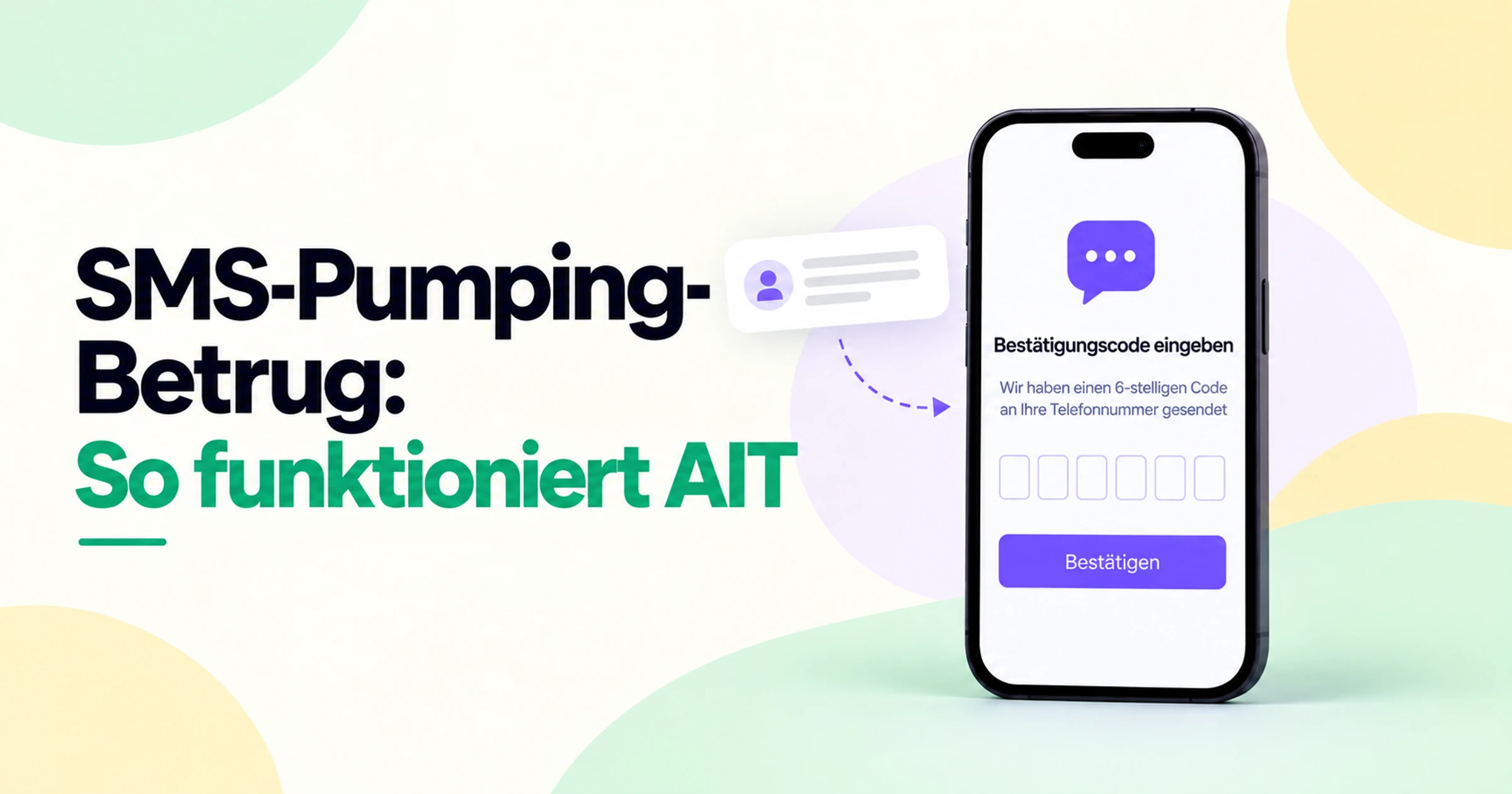 Illustration eines SMS-Pumping-Betrugs und künstlich aufgeblähten Datenverkehrs (AIT), die einen Smartphone-OTP-Verifizierungsbildschirm und einen automatisierten Nachrichtenfluss zeigt.