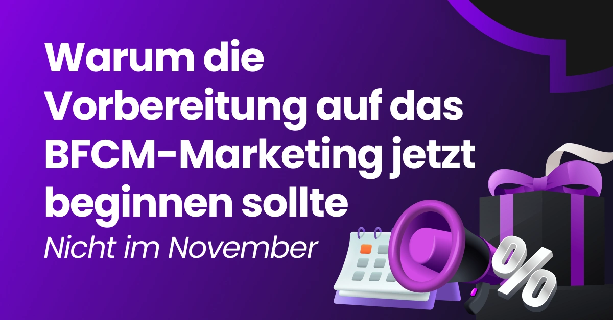 Bunte Grafik, die eine Frau zeigt, die Einkaufstüten für Black Friday und Cyber Monday hält, und die für eine frühzeitige BFCM-Marketingvorbereitung wirbt.
