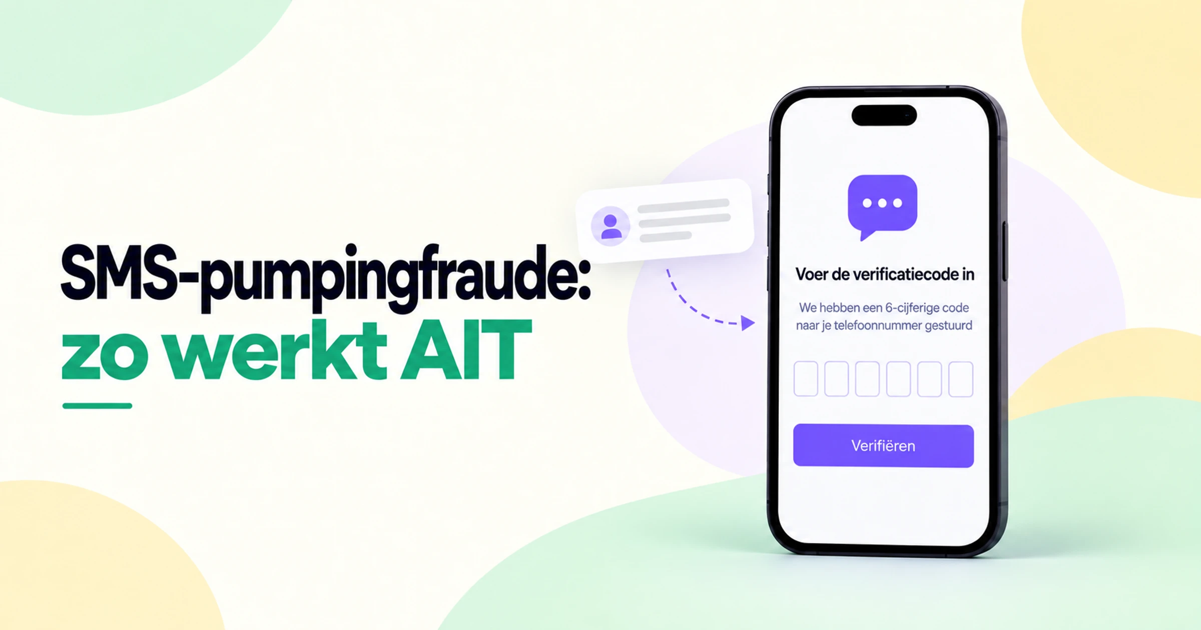 Illustratie van sms-fraude en kunstmatig opgeblazen verkeer (AIT), met een scherm voor OTP-verificatie op een smartphone en een geautomatiseerde berichtenstroom.