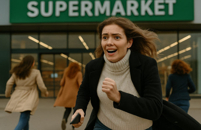 An image of several excited women who are running toward a supermarket to participate in the discount event