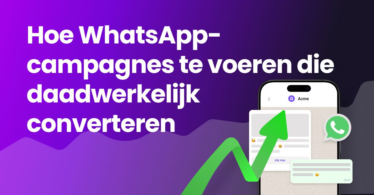 Elementen van een groeiende grafiek, megafoon en WhatsApp-icoon onder de titel “Hoe WhatsApp-campagnes uit te voeren die echt converteren”
