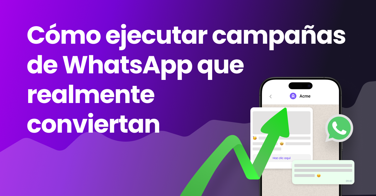Elementos de gráfico de crecimiento, megáfono e ícono de WhatsApp bajo el título "Cómo ejecutar campañas de WhatsApp que realmente conviertan