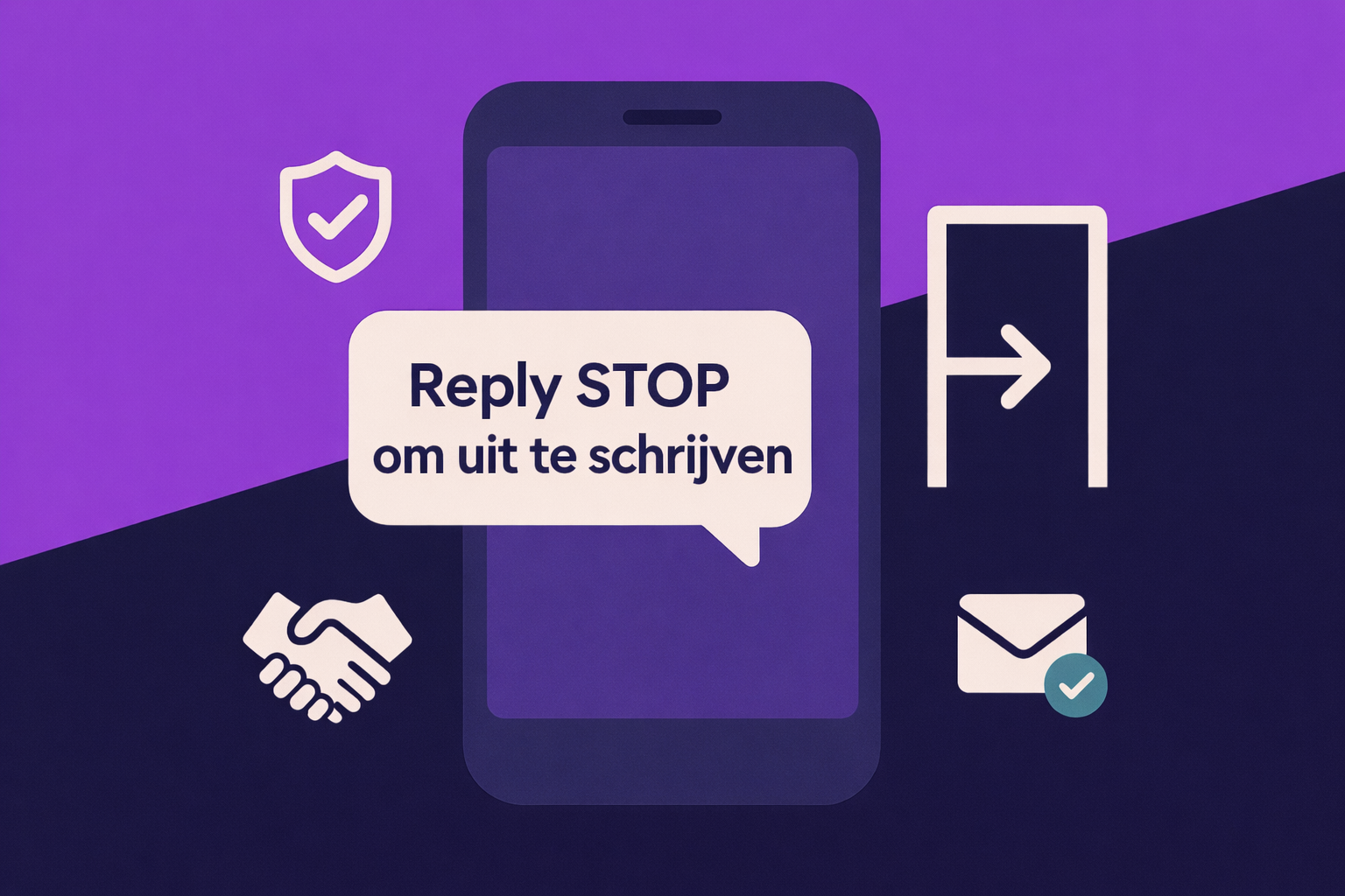 Een telefoonelement met een weergegeven sms-afmeldbericht met de tekst "Antwoord STOP om je af te melden".
