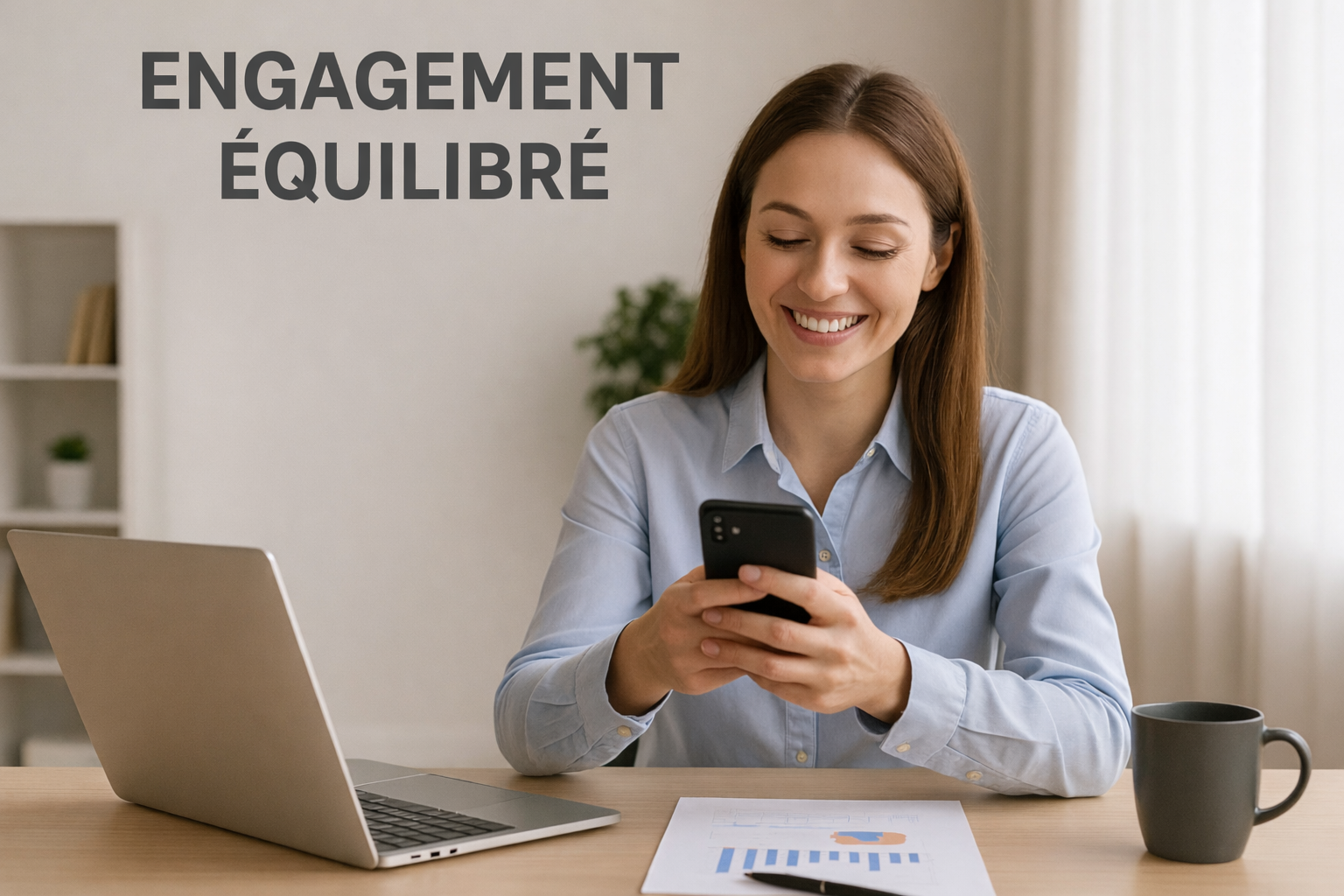 Client satisfait lisant des messages sur son téléphone en souriant