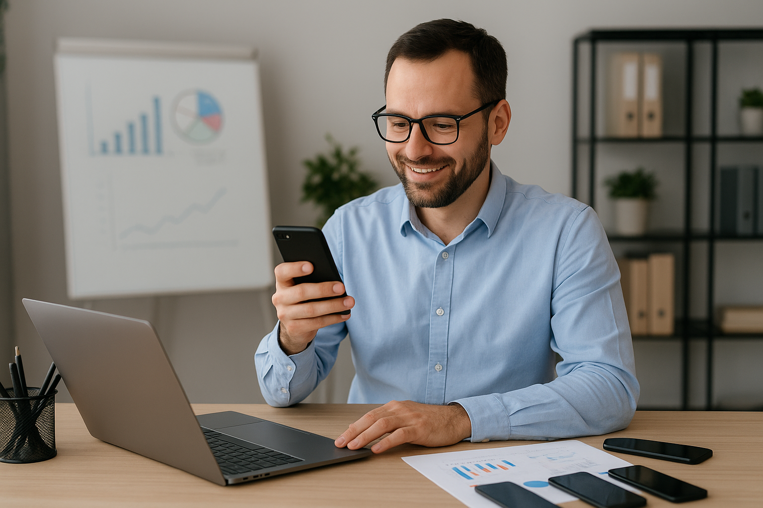 Addetto al marketing che lavora alla sua scrivania con il portatile tenendo in mano un cellulare