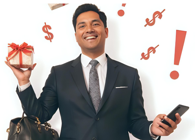 Corporate man with a briefcase and a cellphone in hand, happy after utilizing referral SMS to shop at a discounted price