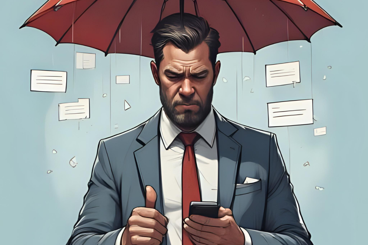 immagine di un uomo che tiene un ombrello per difendersi dalla pioggia di messaggi SMS di spam che gli cadono addosso
