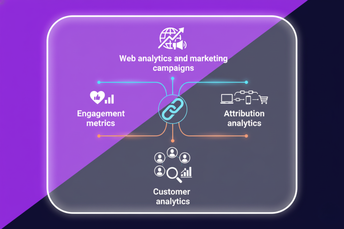 A visual showing 4 useful types of analytics for marketing campaigns: Web analytics, engagement metrics, attribution analytics, and customer analytics.