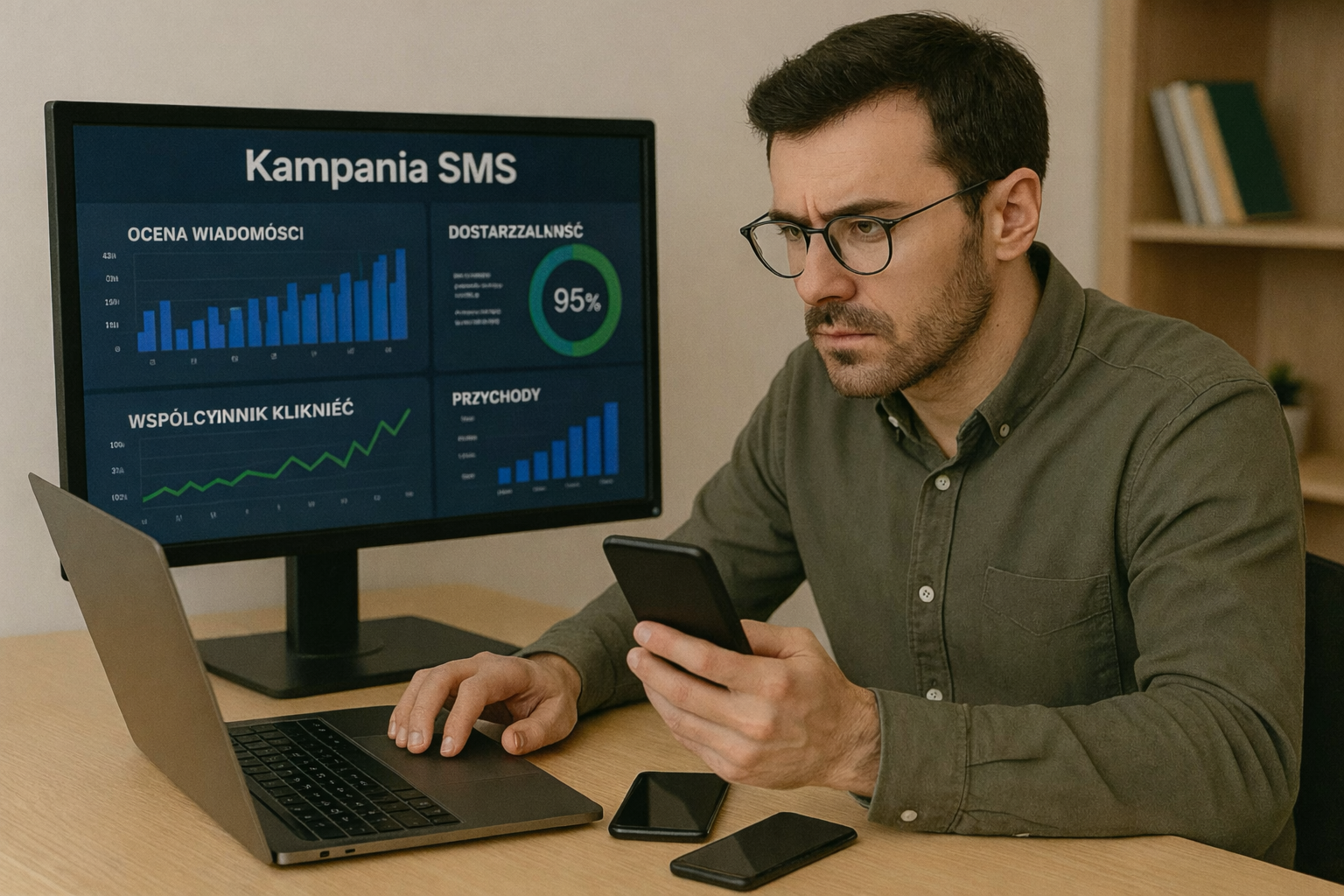 obraz mężczyzny otoczonego komputerem, laptopem i kilkoma smartfonami podczas analizy marketingu SMS w celu znalezienia wyników kampanii świątecznej