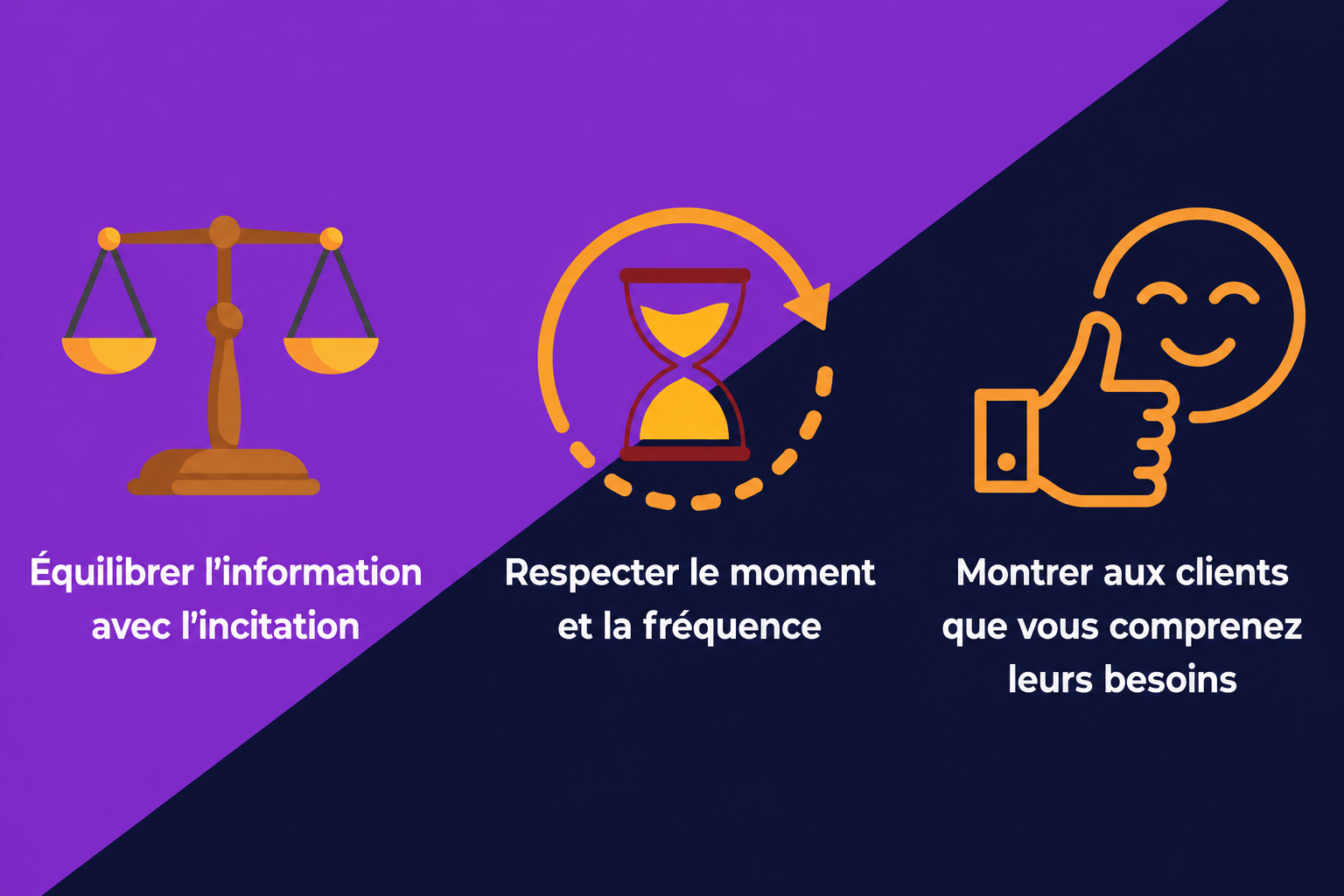3 piliers des messages de fidélisation des prospects qui instaurent la confiance : équilibrer l’information et l’incitation ; respecter le timing et la fréquence ; et montrer aux clients que vous comprenez leurs besoins.