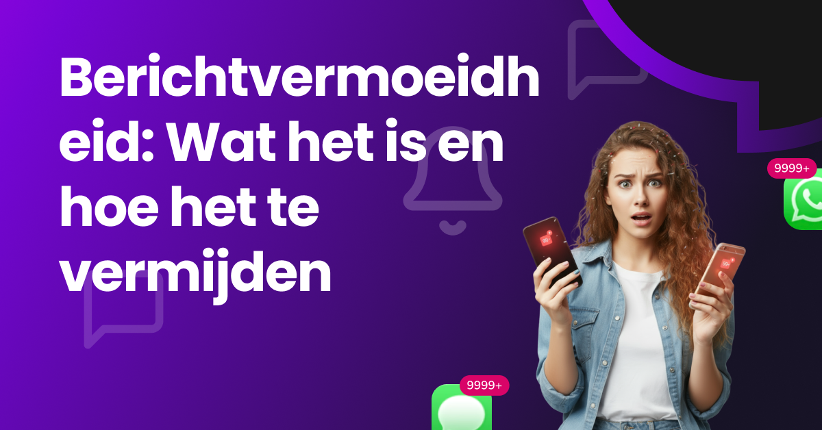 Een gestresste vrouw wordt overweldigd door berichtmeldingen op haar telefoon en vertoont tekenen van digitale overbelasting en berichtenmoeheid.